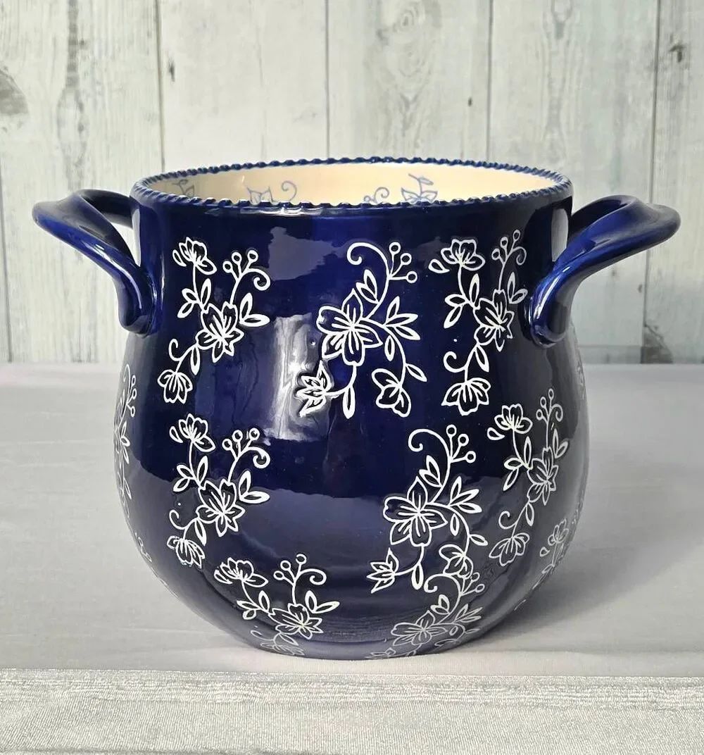 Temp-tations By Tara Blue Floral Lace Ceramic Utensil Crock Soup Pot